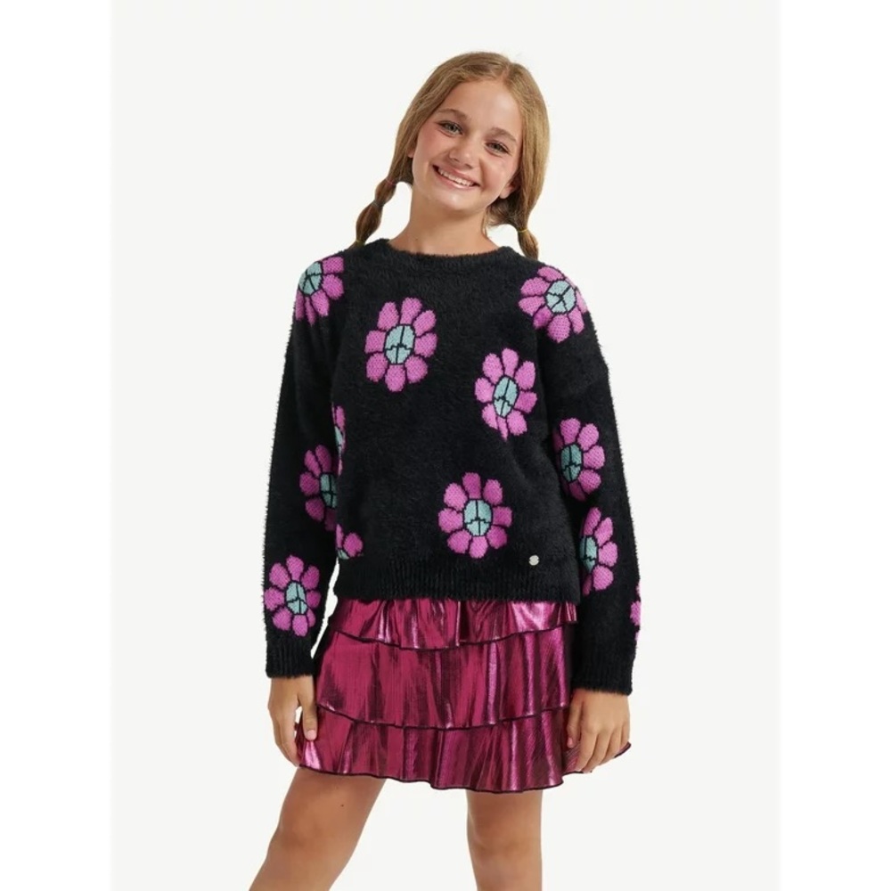 JUSTICE Girl’s Peace Sign Sunflower Fuzzy Soft Boho Hippie B2S Sweater Size L